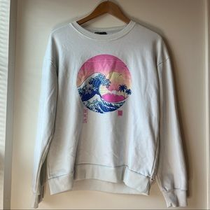 Vaporwave Hokusai Japanese Wave White Crewneck Sweater Romwe - Size Medium - GUC